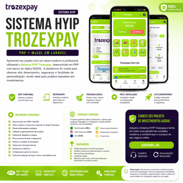Sistema HYIP PHP + MySQL em Laravel | Tema Trozexpay
